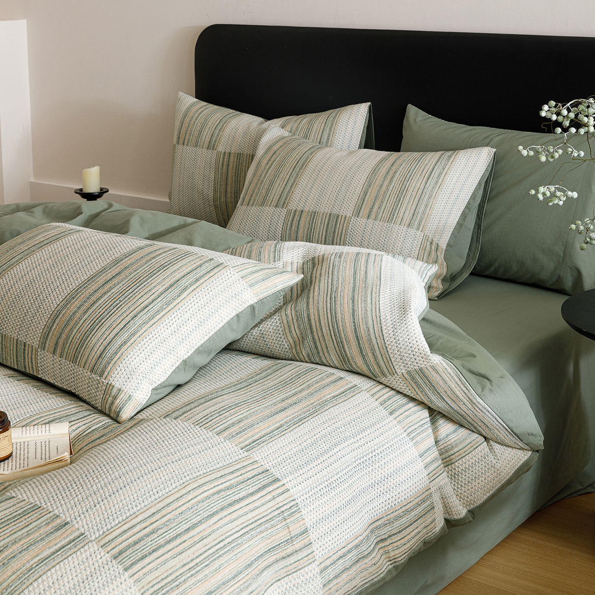 91家纺网 家纺一手货源 找家纺 春皖家纺 2026新款A类全棉双层纱AB版简约四件套 森屿