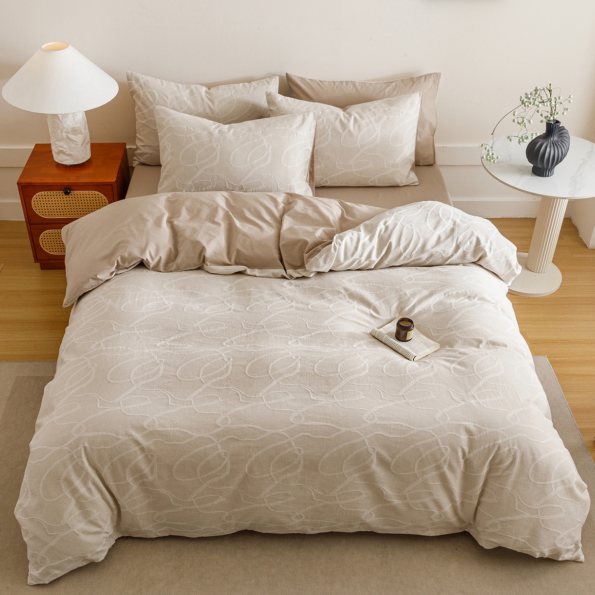 91家纺网 家纺一手货源 找家纺 春皖家纺 2026新款A类全棉双层纱AB版简约四件套 云栀