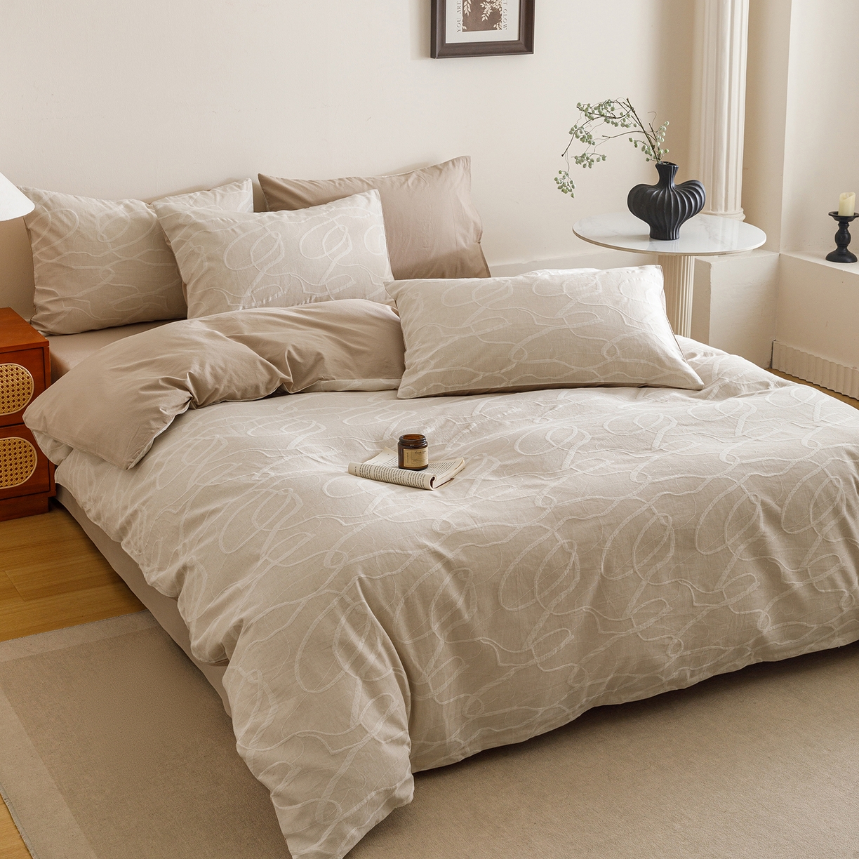 91家纺网 家纺一手货源 找家纺 春皖家纺 2026新款A类全棉双层纱AB版简约四件套 云栀