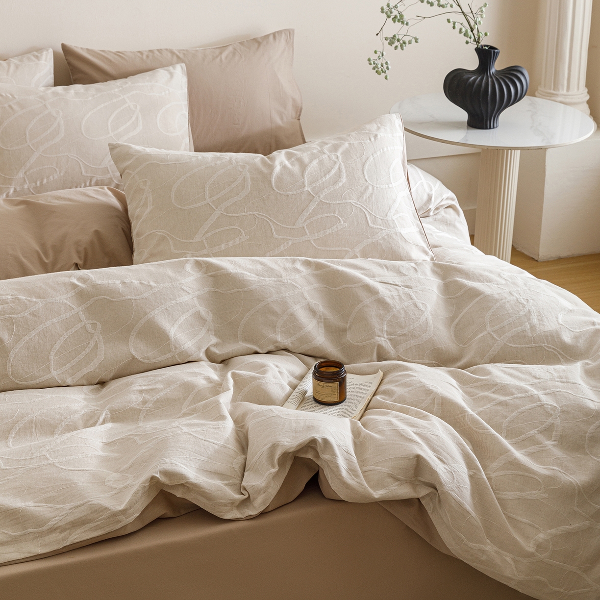 91家纺网 家纺一手货源 找家纺 春皖家纺 2026新款A类全棉双层纱AB版简约四件套 云栀