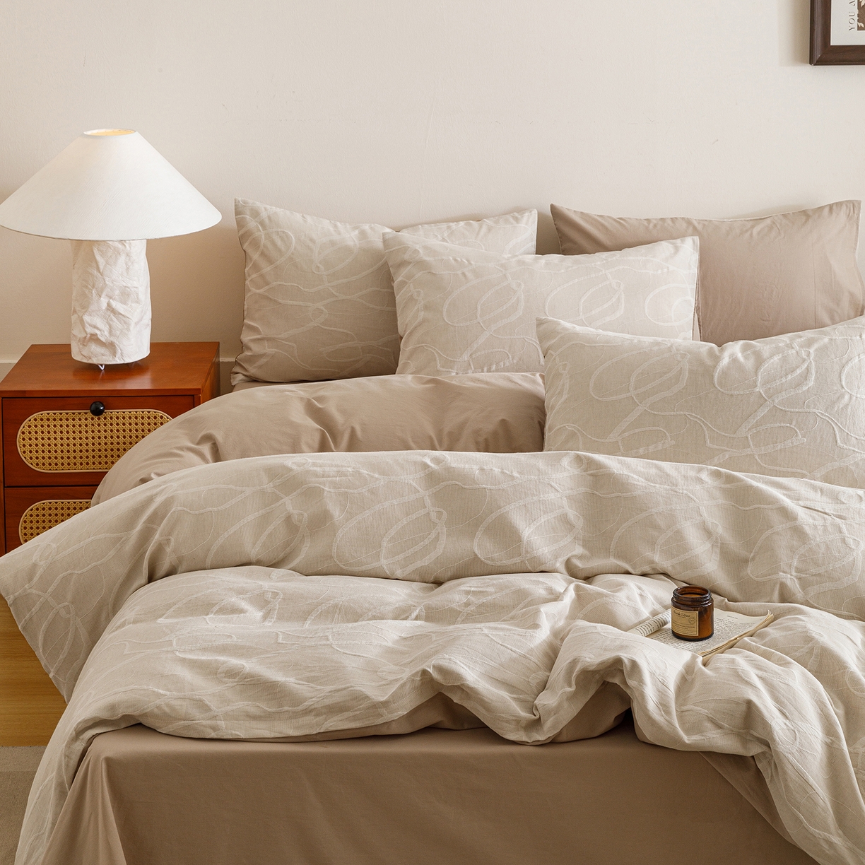 91家纺网 家纺一手货源 找家纺 春皖家纺 2026新款A类全棉双层纱AB版简约四件套 云栀