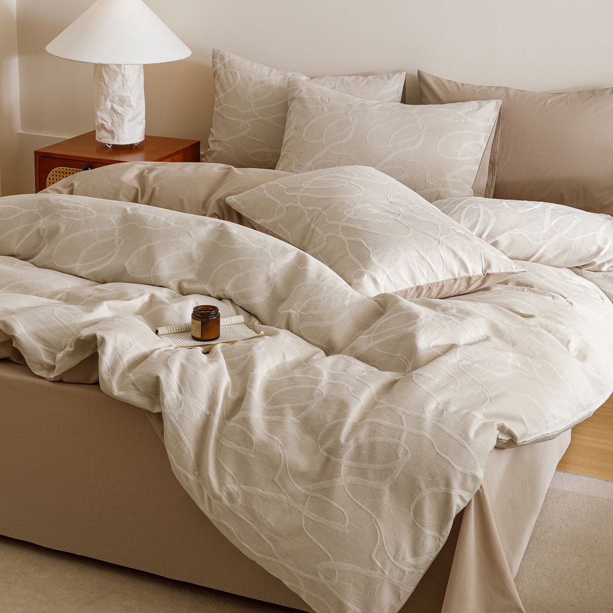 91家纺网 家纺一手货源 找家纺 春皖家纺 2026新款A类全棉双层纱AB版简约四件套 云栀