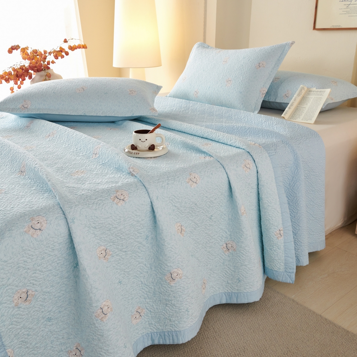 91家纺网 家纺一手货源 找家纺 （总）2025新款13070双面全棉砂洗大直边床盖三件套四件套