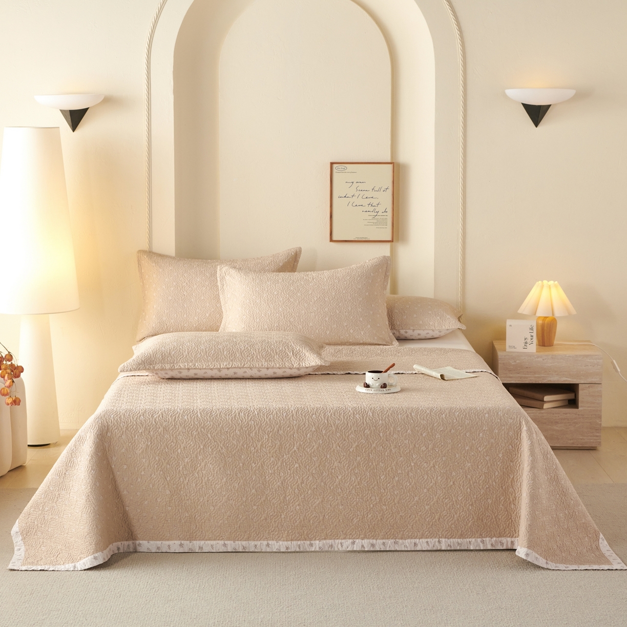 91家纺网 家纺一手货源 找家纺 2025新款13070双面全棉砂洗大直边床盖三件套四件套 秋日私语