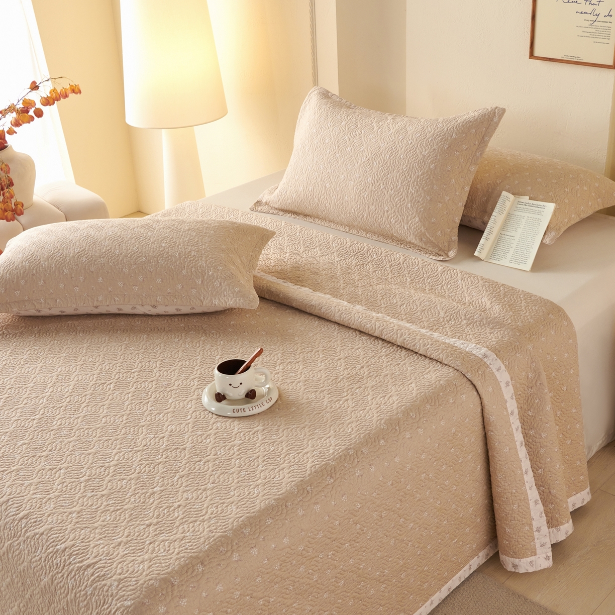 91家纺网 家纺一手货源 找家纺 2025新款13070双面全棉砂洗大直边床盖三件套四件套 秋日私语