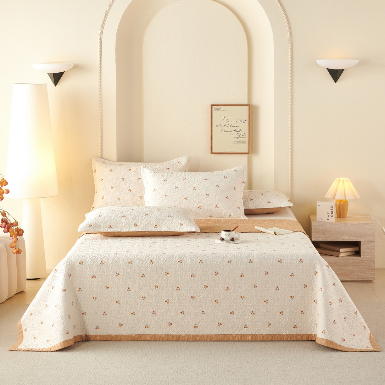 91家纺网 家纺一手货源 找家纺 2025新款13070双面全棉砂洗大直边床盖三件套四件套 秋意