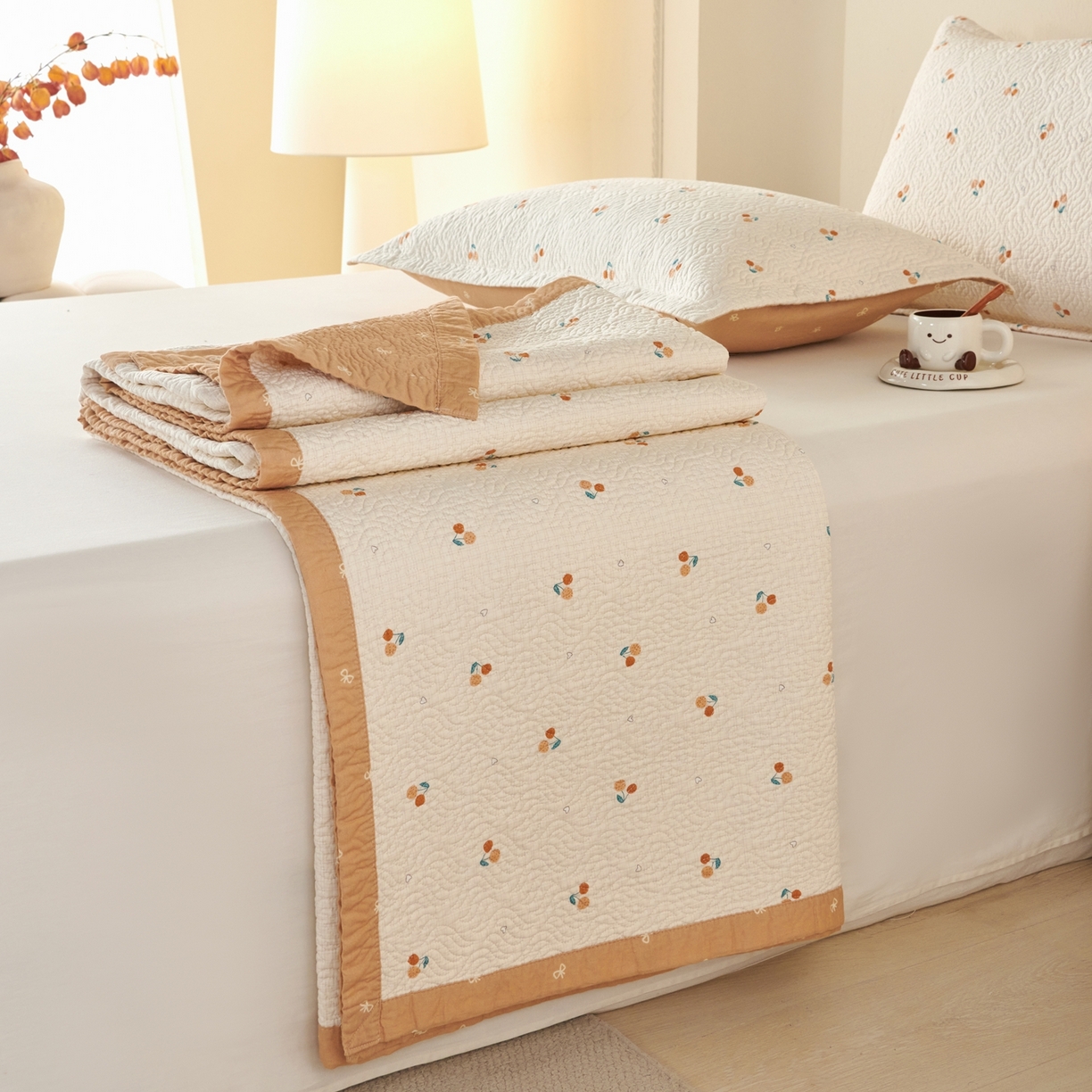 91家纺网 家纺一手货源 找家纺 2025新款13070双面全棉砂洗大直边床盖三件套四件套 秋意