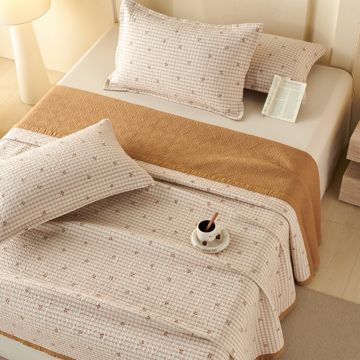 91家纺网 家纺一手货源 找家纺 2025新款13070双面全棉砂洗大直边床盖三件套四件套 舒雅