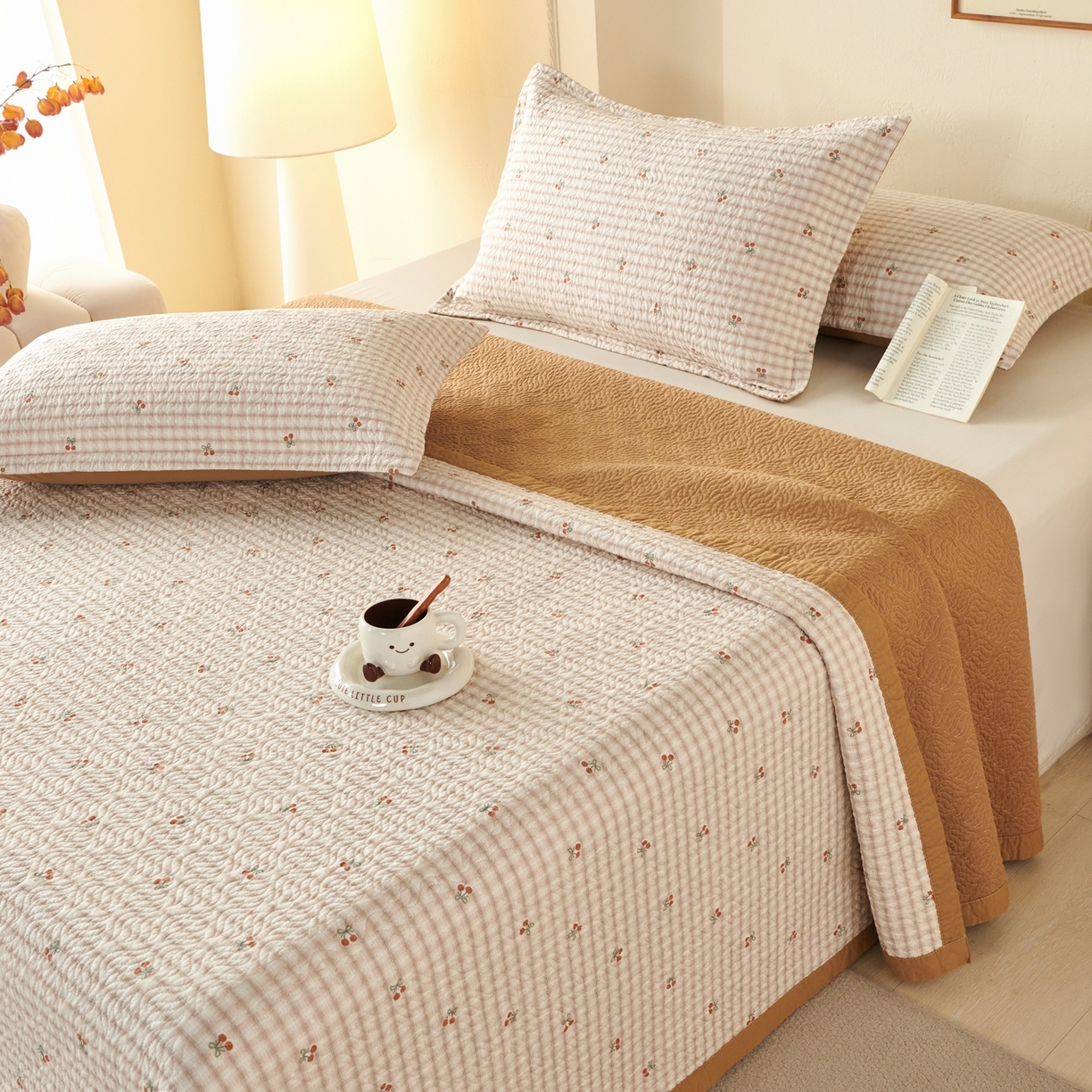 91家纺网 家纺一手货源 找家纺 2025新款13070双面全棉砂洗大直边床盖三件套四件套 舒雅