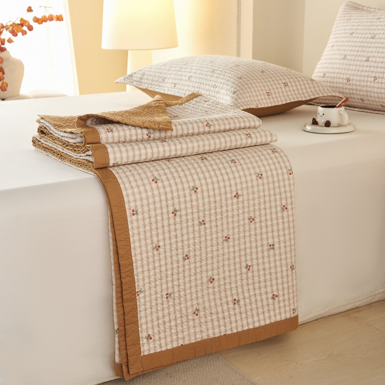 91家纺网 家纺一手货源 找家纺 2025新款13070双面全棉砂洗大直边床盖三件套四件套 舒雅