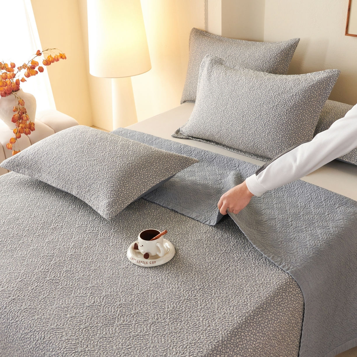 91家纺网 家纺一手货源 找家纺 2025新款13070双面全棉砂洗大直边床盖三件套四件套 西雅图