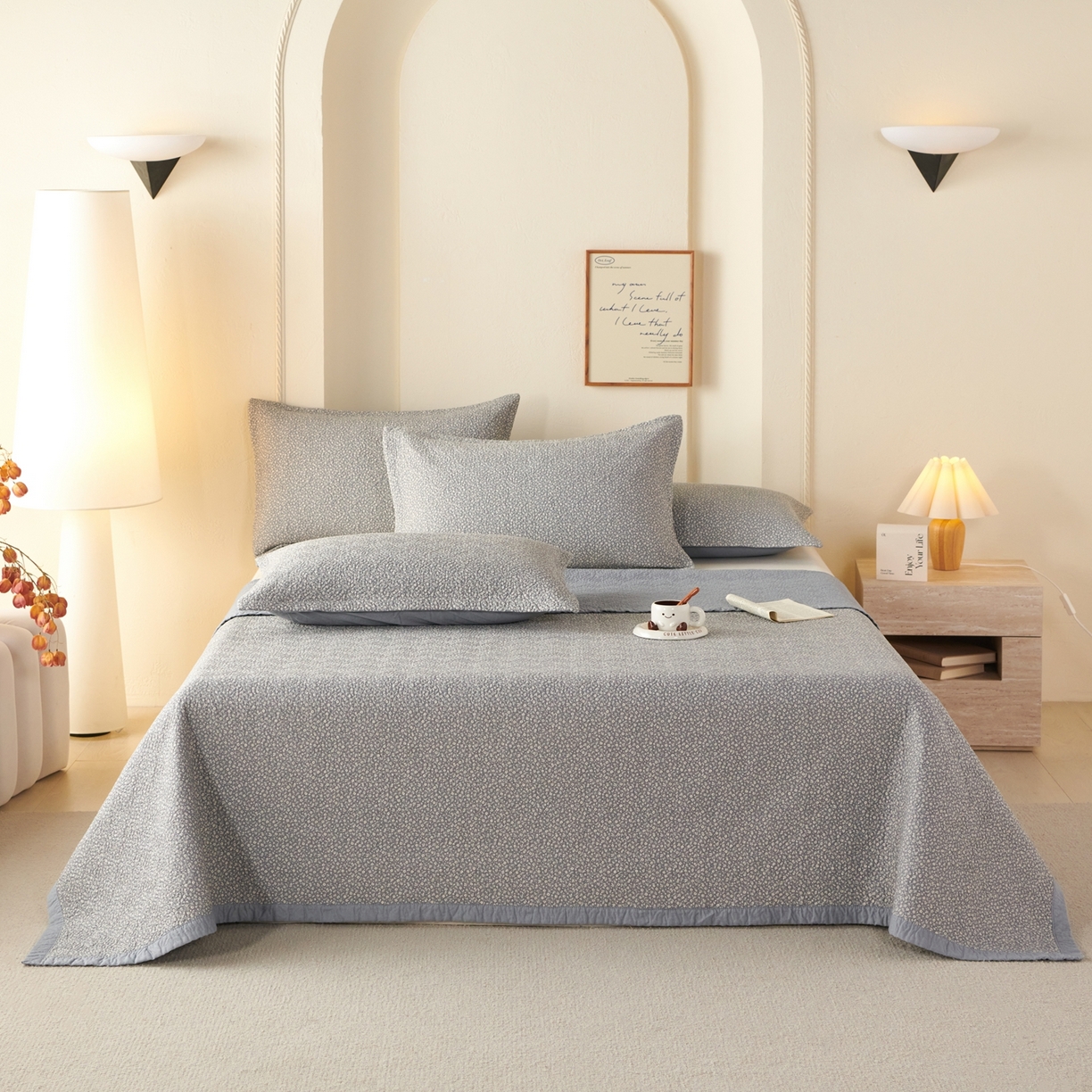 91家纺网 家纺一手货源 找家纺 2025新款13070双面全棉砂洗大直边床盖三件套四件套 西雅图