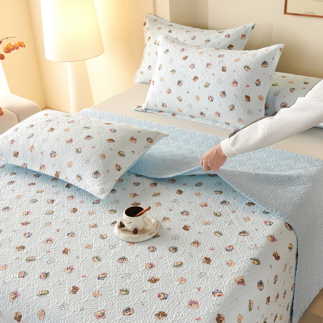 91家纺网 家纺一手货源 找家纺 2025新款13070双面全棉砂洗大直边床盖三件套四件套 小春日和