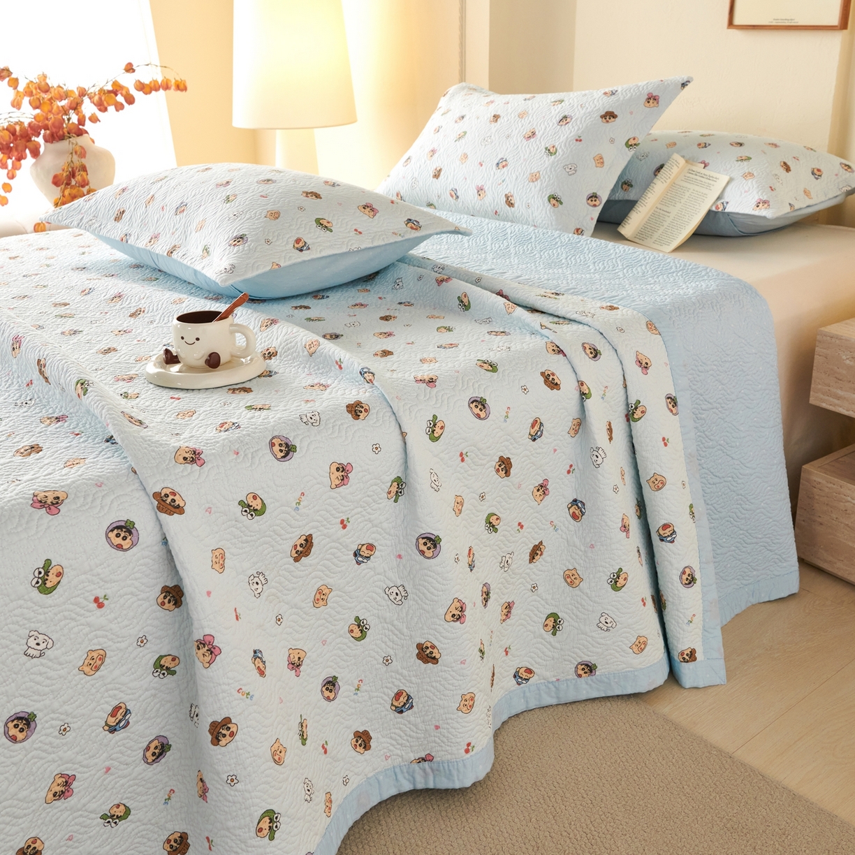 91家纺网 家纺一手货源 找家纺 2025新款13070双面全棉砂洗大直边床盖三件套四件套 小春日和