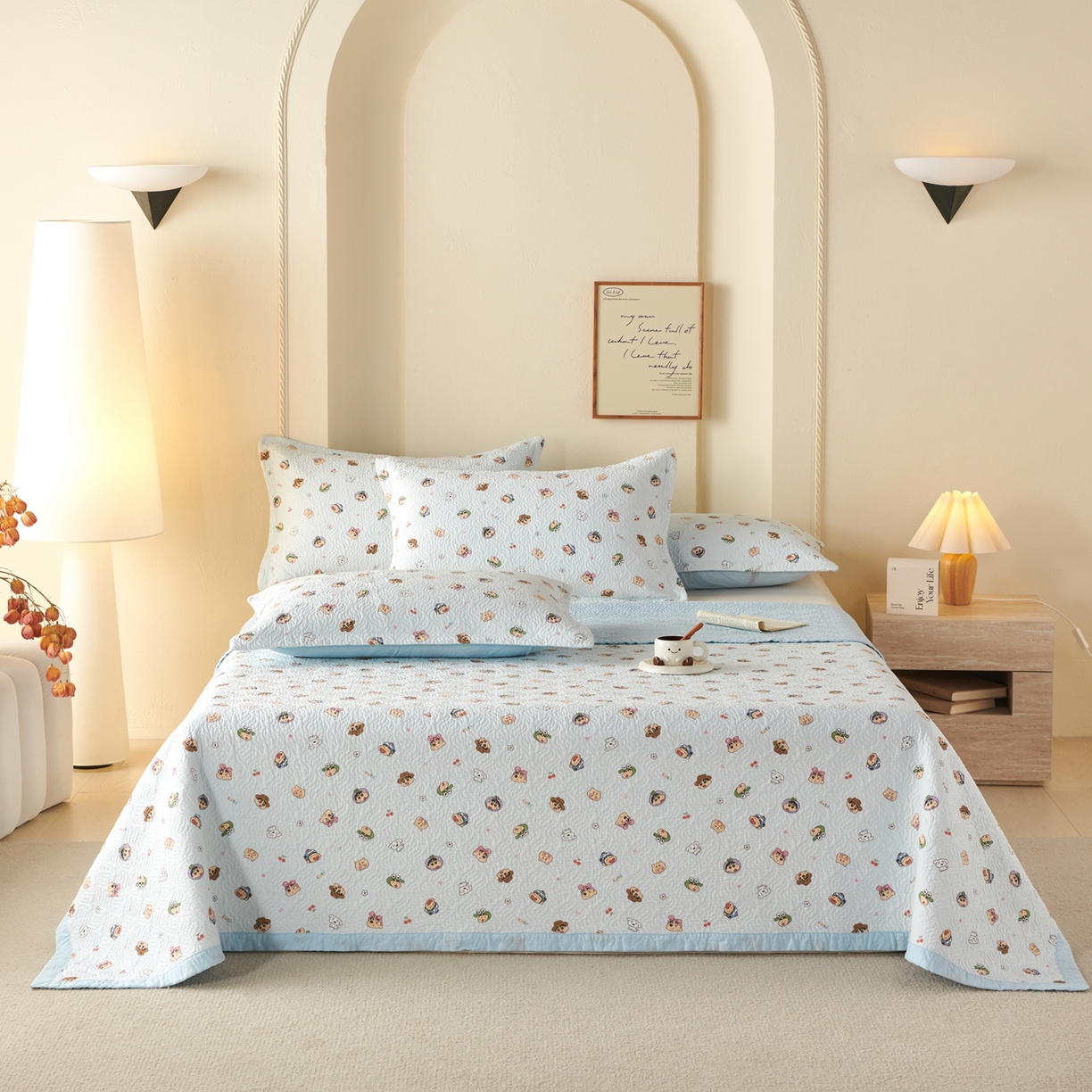 91家纺网 家纺一手货源 找家纺 2025新款13070双面全棉砂洗大直边床盖三件套四件套 小春日和