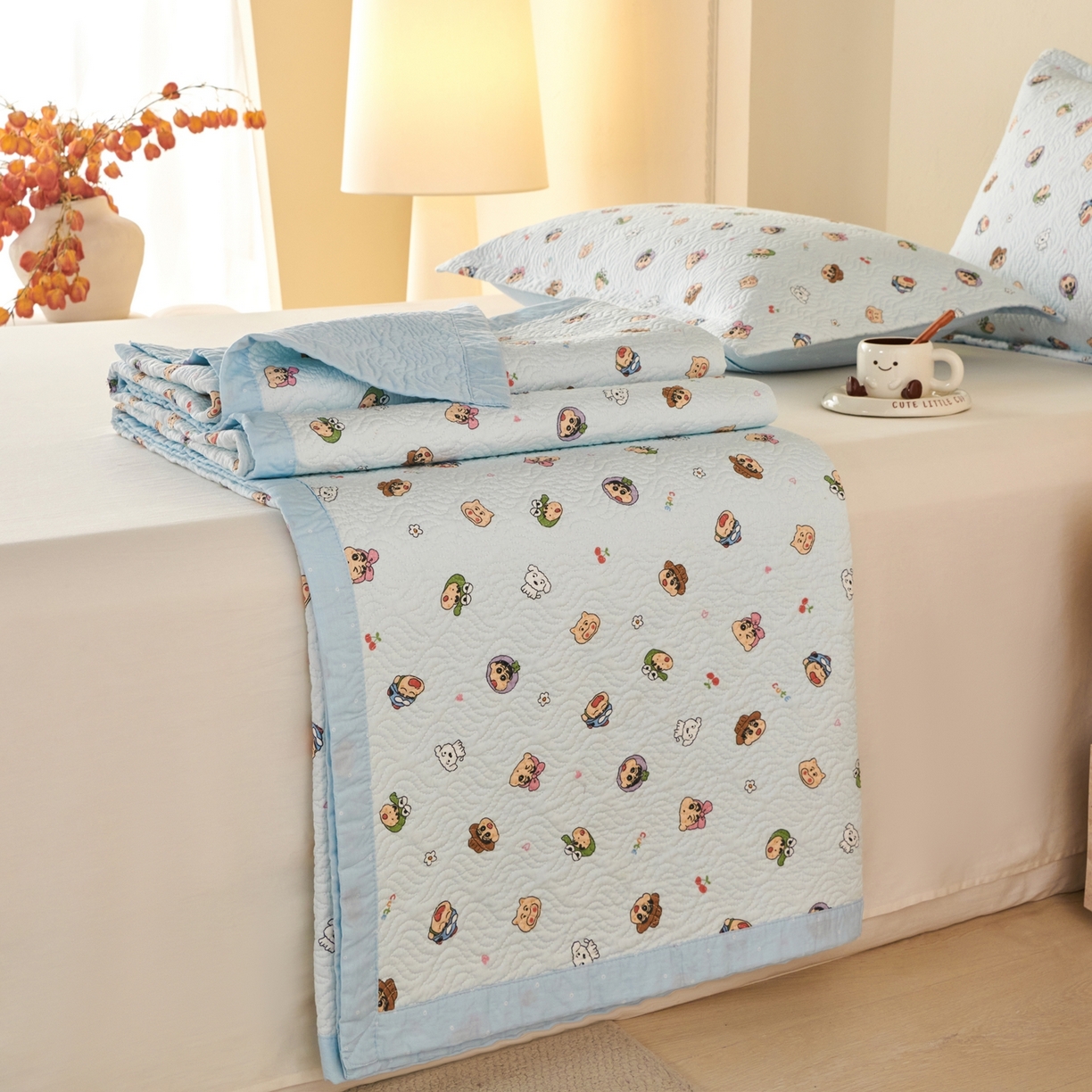 91家纺网 家纺一手货源 找家纺 2025新款13070双面全棉砂洗大直边床盖三件套四件套 小春日和