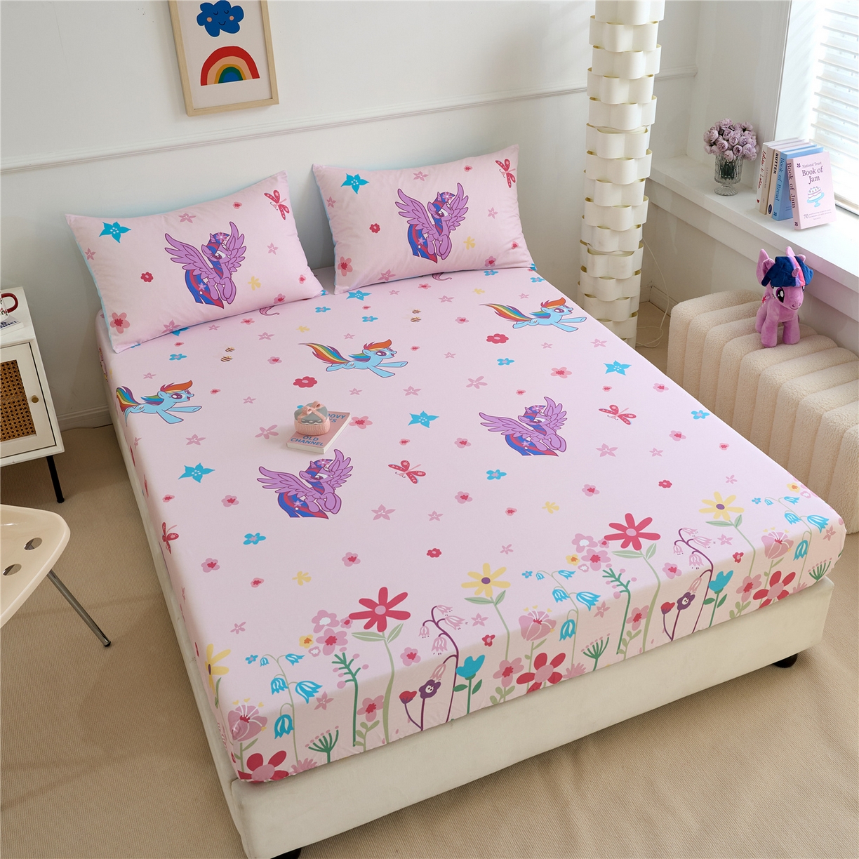 91家纺网 家纺一手货源 找家纺 百利卡通（原迪士尼家纺） 2025新款全棉圆网数码印花床笠枕套-小马宝莉 春天紫悦L