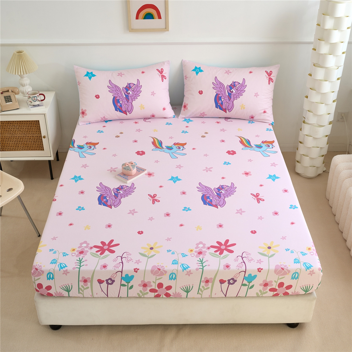 91家纺网 家纺一手货源 找家纺 百利卡通（原迪士尼家纺） 2025新款全棉圆网数码印花床笠枕套-小马宝莉 春天紫悦L