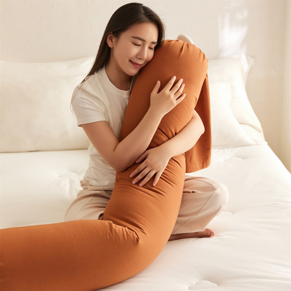 91家纺网 家纺一手货源 找家纺 头等舱 2025新款全棉氨纶针织A类孕妇 护腰 侧睡 靠垫 安抚枕 抱抱 夹腿多功能枕（模特图）配包装 焦糖