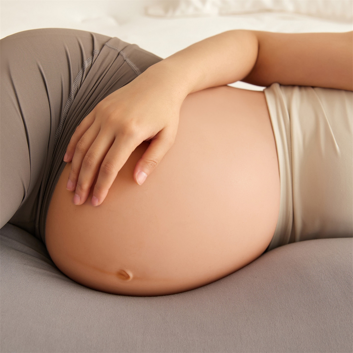 91家纺网 家纺一手货源 找家纺 头等舱 2025新款全棉氨纶针织A类孕妇 护腰 侧睡 靠垫 安抚枕 抱抱 夹腿多功能枕（模特图）配包装 浅山