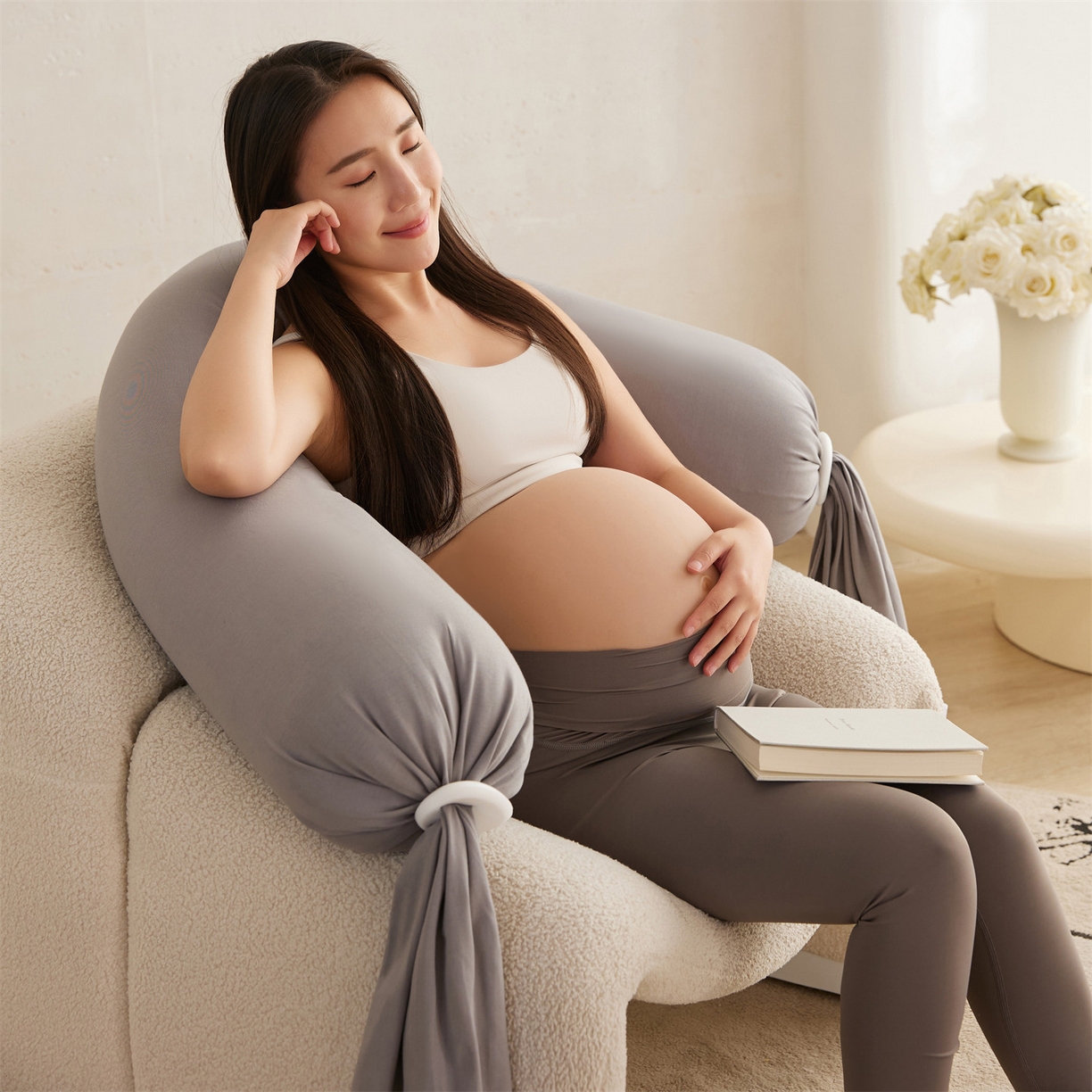 91家纺网 家纺一手货源 找家纺 头等舱 2025新款全棉氨纶针织A类孕妇 护腰 侧睡 靠垫 安抚枕 抱抱 夹腿多功能枕（模特图）配包装 浅山