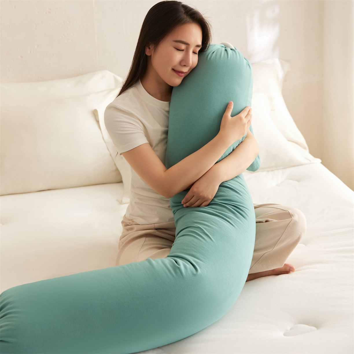 91家纺网 家纺一手货源 找家纺 头等舱 2025新款全棉氨纶针织A类孕妇 护腰 侧睡 靠垫 安抚枕 抱抱 夹腿多功能枕（模特图）配包装 天青