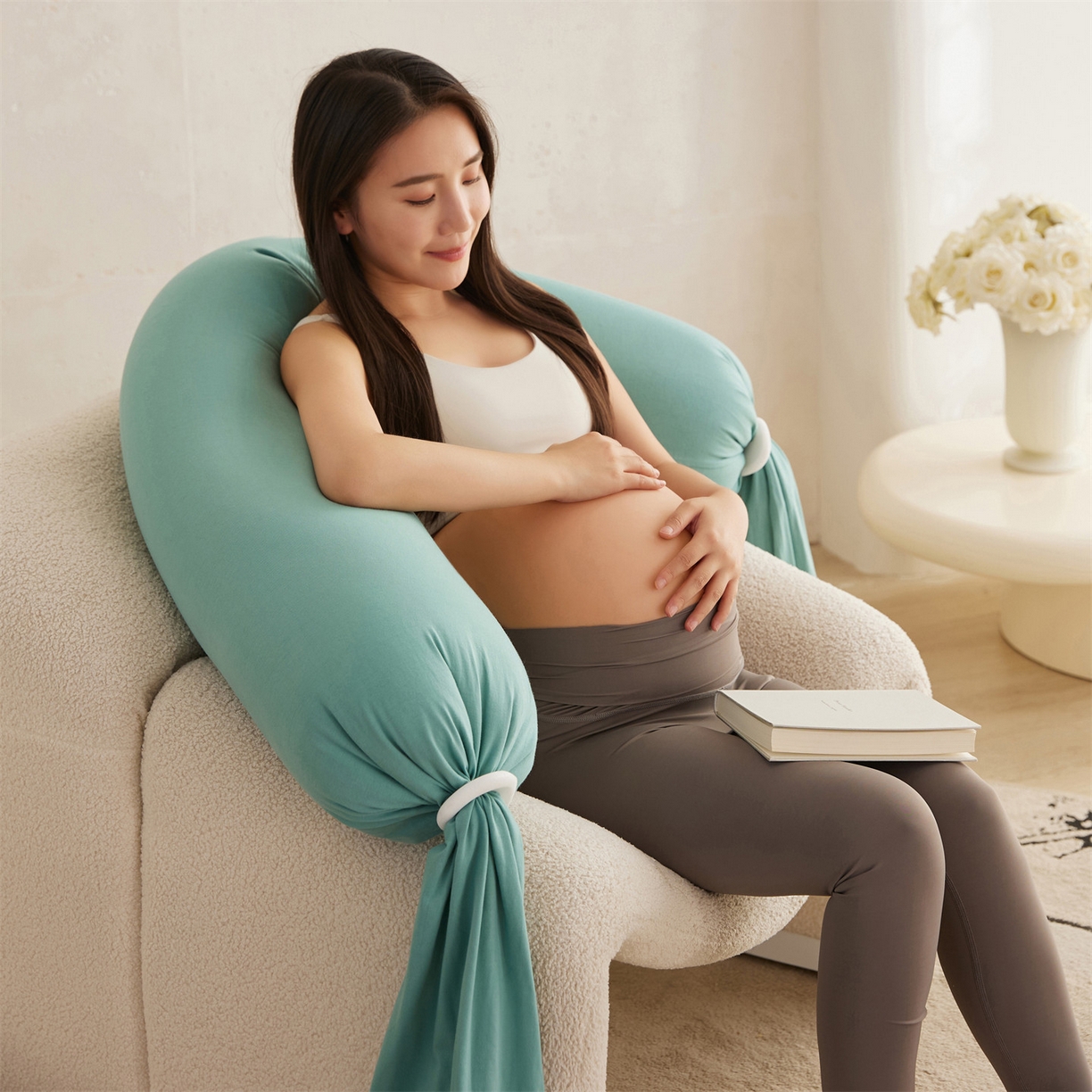 91家纺网 家纺一手货源 找家纺 头等舱 2025新款全棉氨纶针织A类孕妇 护腰 侧睡 靠垫 安抚枕 抱抱 夹腿多功能枕（模特图）配包装 天青