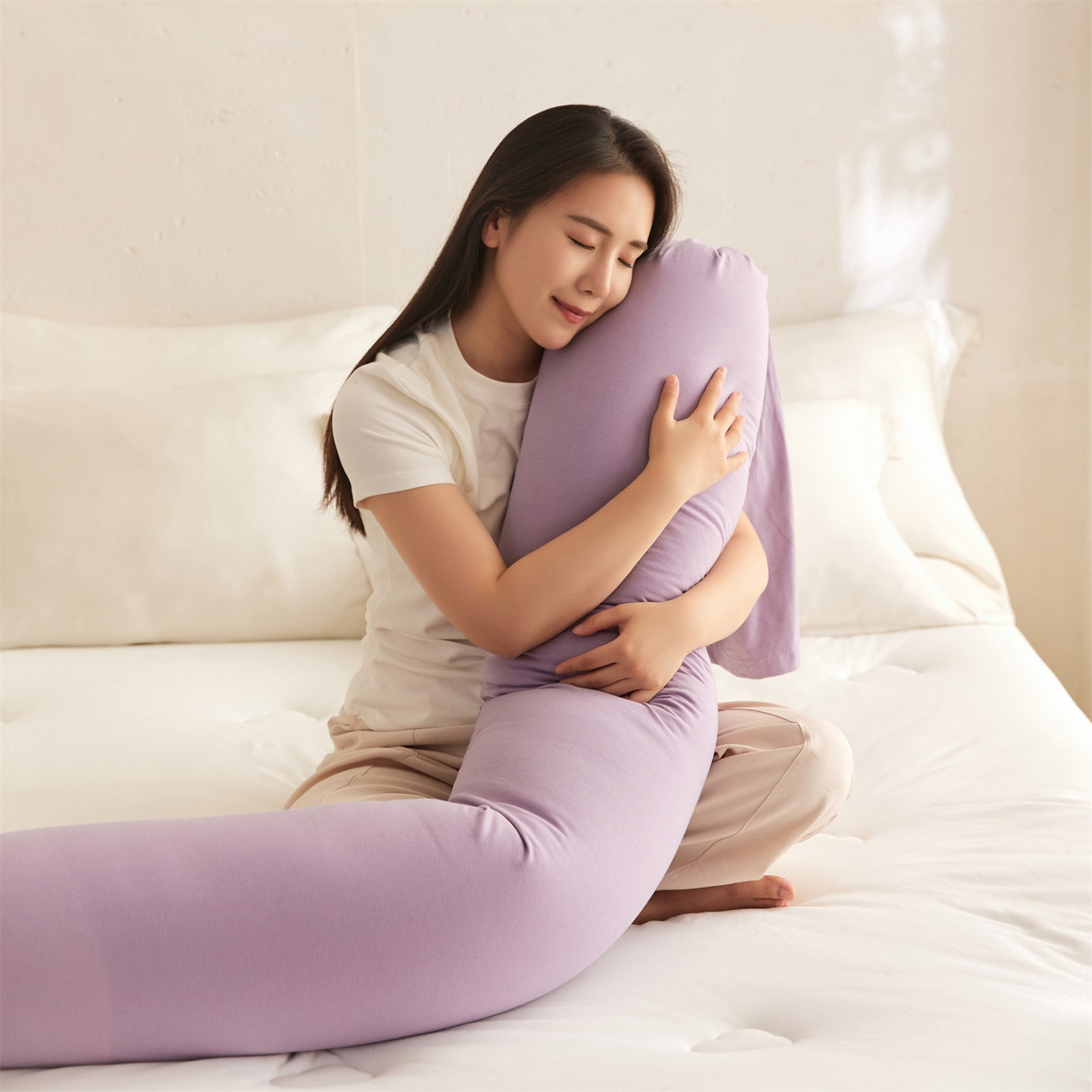91家纺网 家纺一手货源 找家纺 头等舱 2025新款全棉氨纶针织A类孕妇 护腰 侧睡 靠垫 安抚枕 抱抱 夹腿多功能枕（模特图）配包装 紫浦
