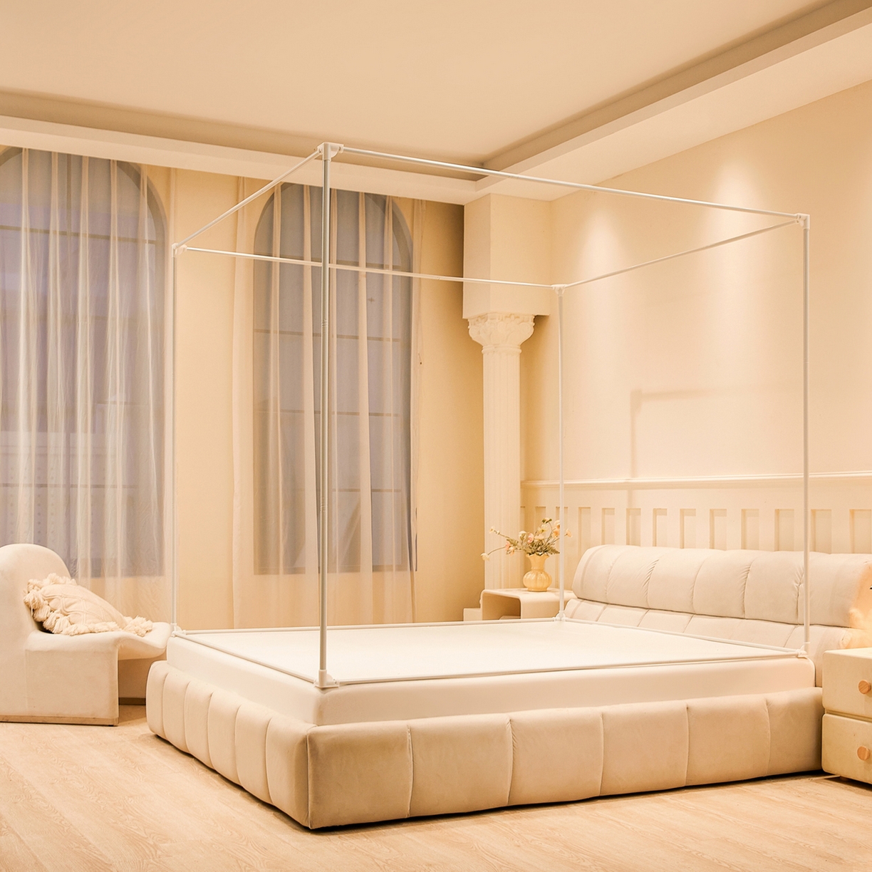 91家纺网 家纺一手货源 找家纺 夏彩 2025新款五面保暖亲肤面料坐床拉链四季款蚊帐-88632 支架