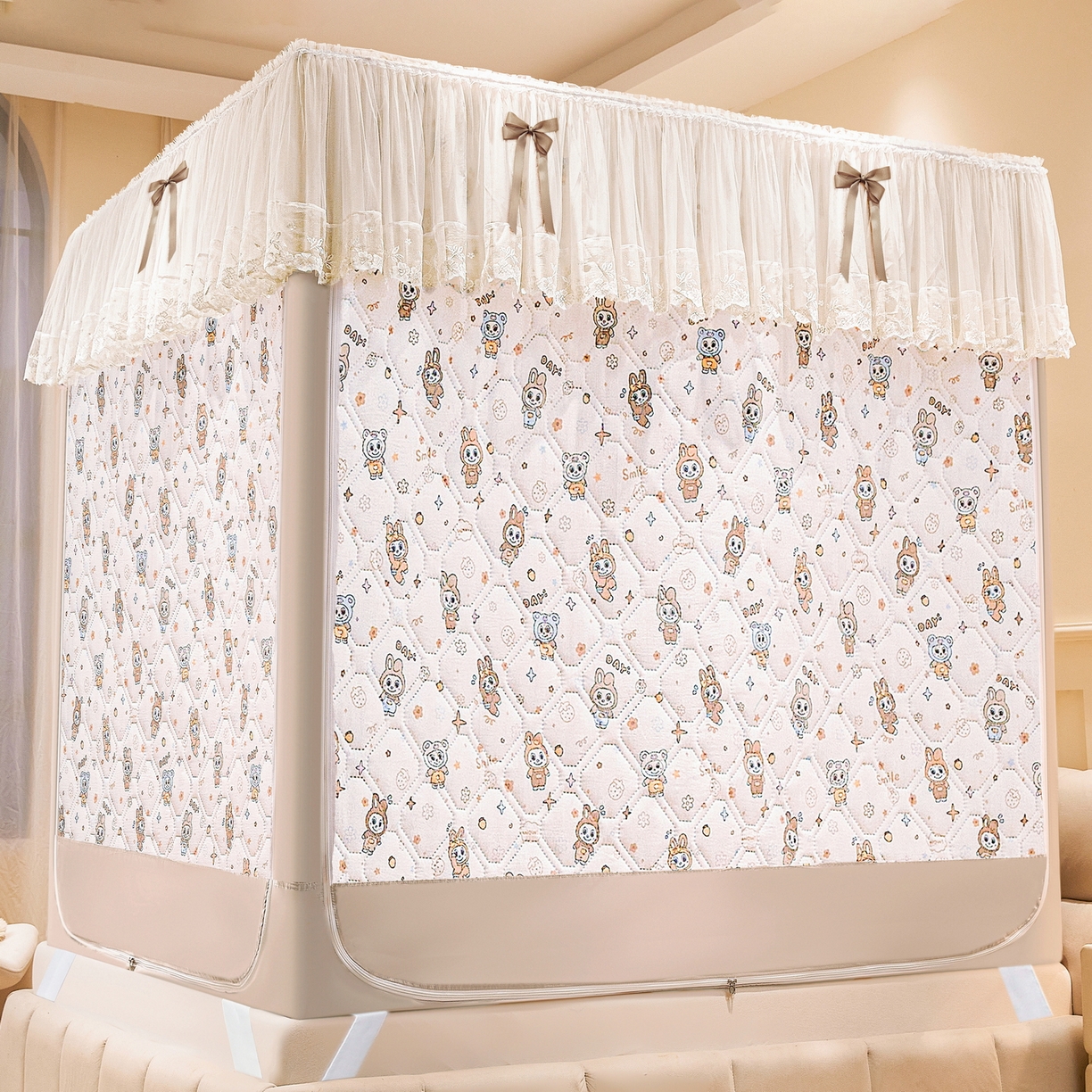 91家纺网 家纺一手货源 找家纺 夏彩 2025新款五面保暖亲肤面料坐床拉链四季款蚊帐-88632 拉贝贝