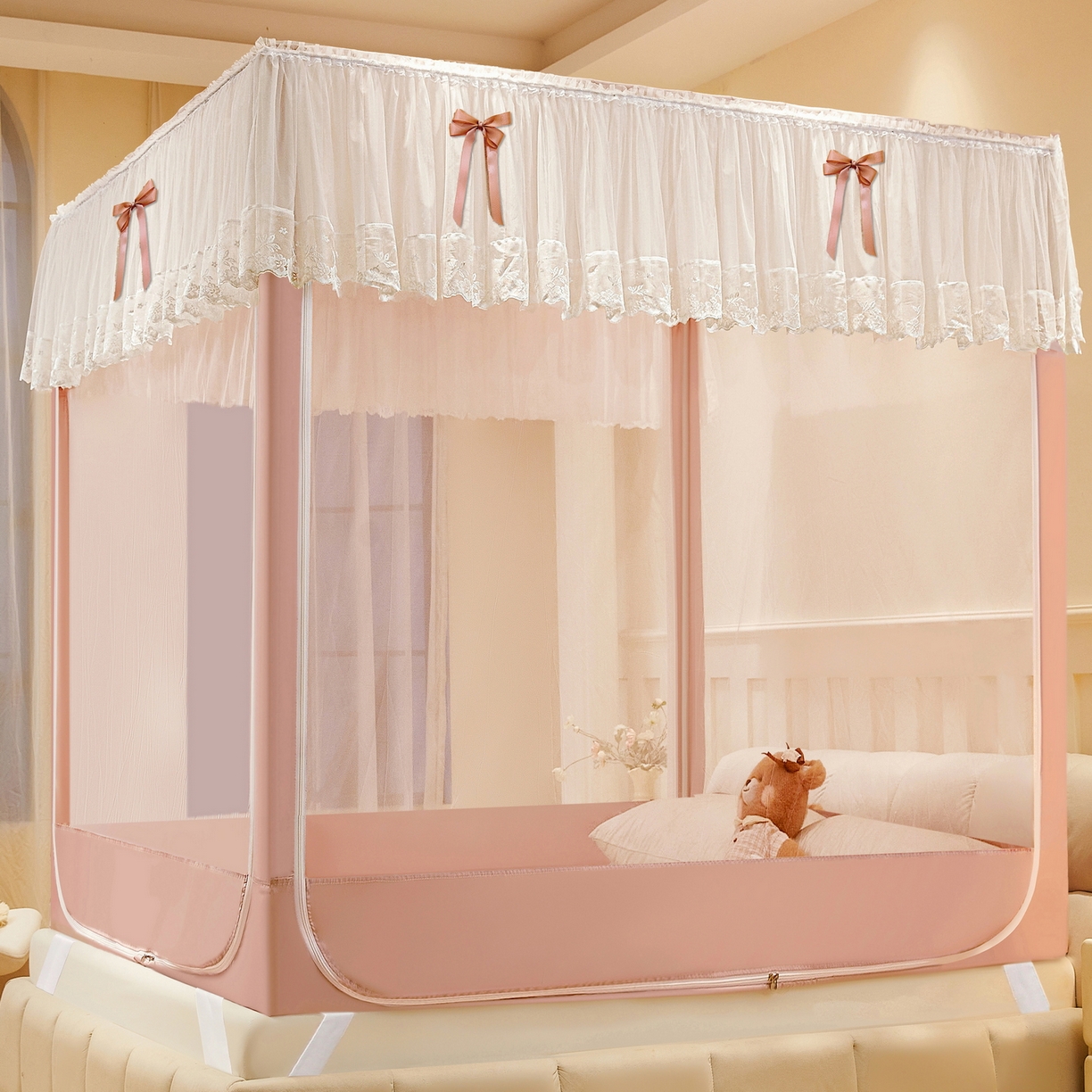 91家纺网 家纺一手货源 找家纺 夏彩 2025新款五面保暖亲肤面料坐床拉链四季款蚊帐-88632 星愿熊