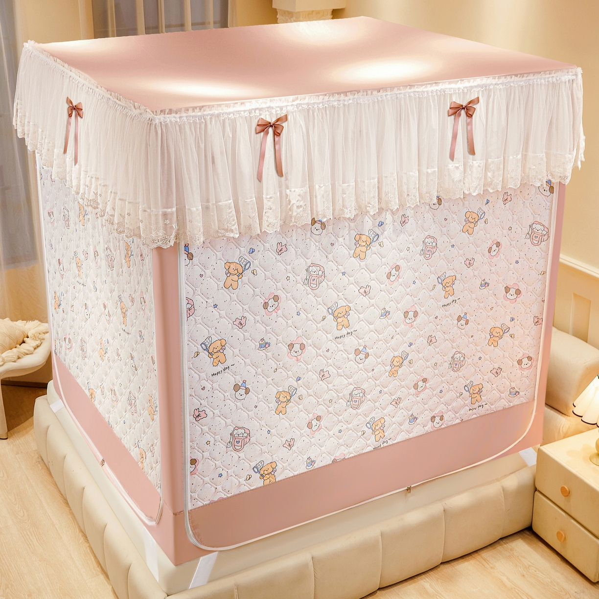 91家纺网 家纺一手货源 找家纺 夏彩 2025新款五面保暖亲肤面料坐床拉链四季款蚊帐-88632 星愿熊