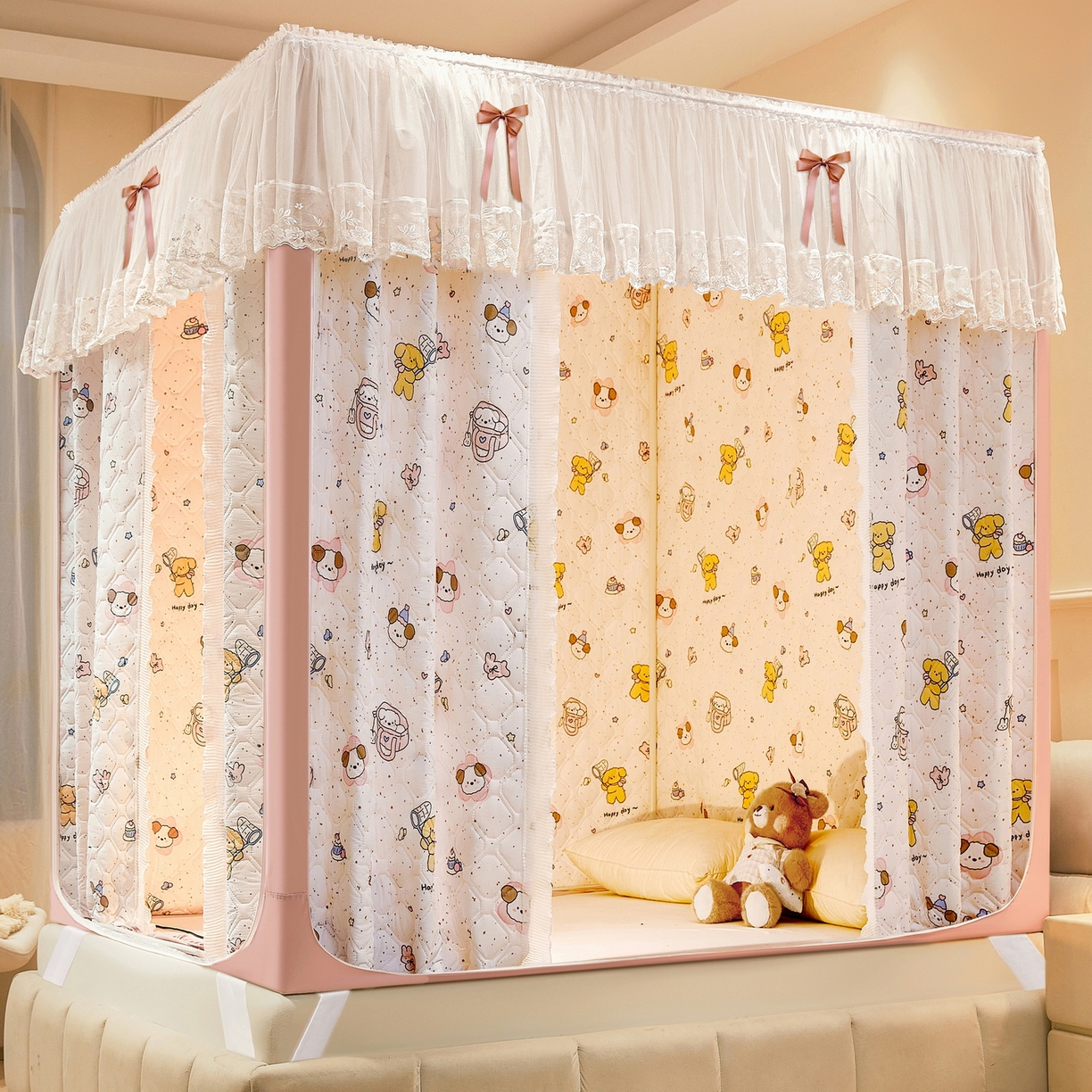 91家纺网 家纺一手货源 找家纺 夏彩 2025新款五面保暖亲肤面料坐床拉链四季款蚊帐-88632 星愿熊