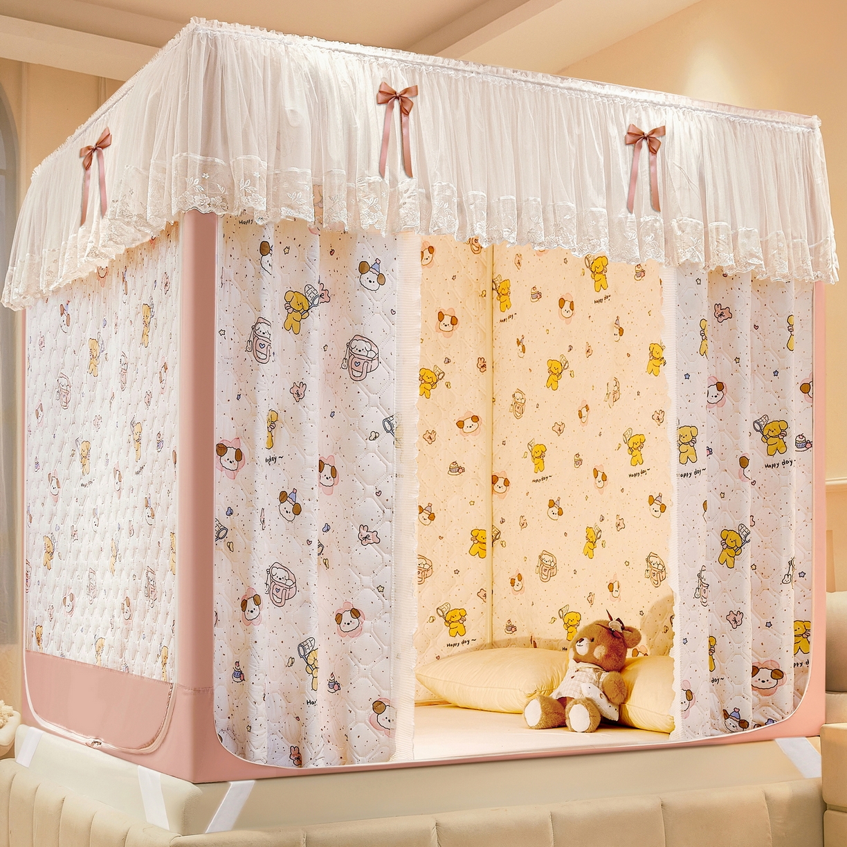 91家纺网 家纺一手货源 找家纺 夏彩 2025新款五面保暖亲肤面料坐床拉链四季款蚊帐-88632 星愿熊