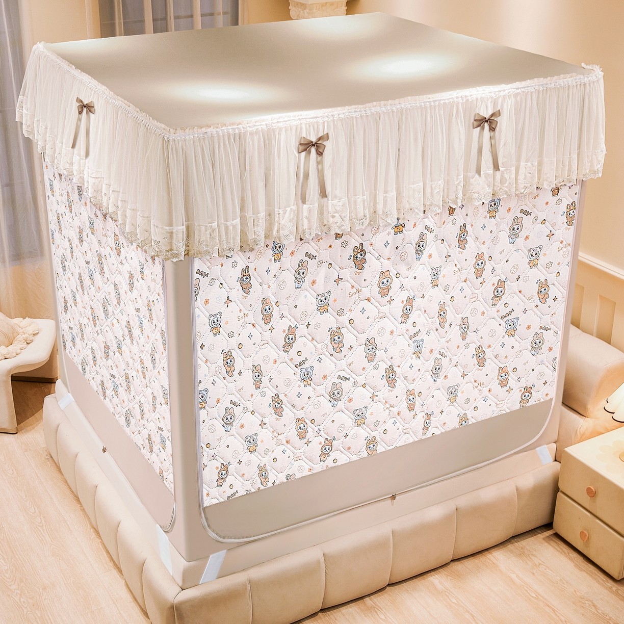 91家纺网 家纺一手货源 找家纺 夏彩 2025新款五面保暖亲肤面料坐床拉链四季款蚊帐-88632 拉贝贝