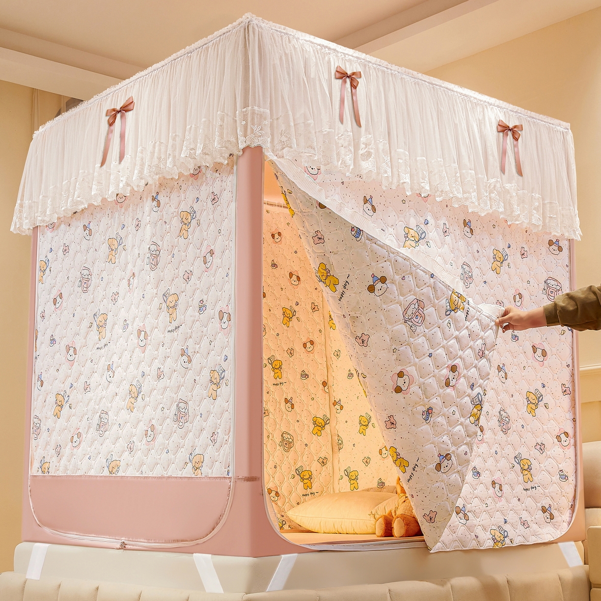 91家纺网 家纺一手货源 找家纺 夏彩 2025新款五面保暖亲肤面料坐床拉链四季款蚊帐-88632 星愿熊