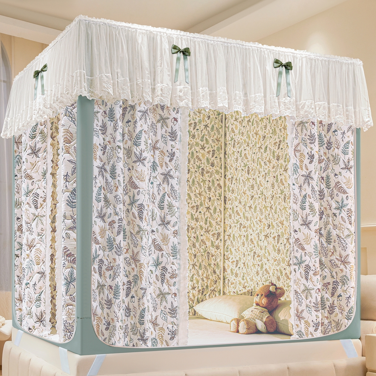 91家纺网 家纺一手货源 找家纺 夏彩 2025新款五面保暖亲肤面料坐床拉链四季款蚊帐-88632 羽飞舞