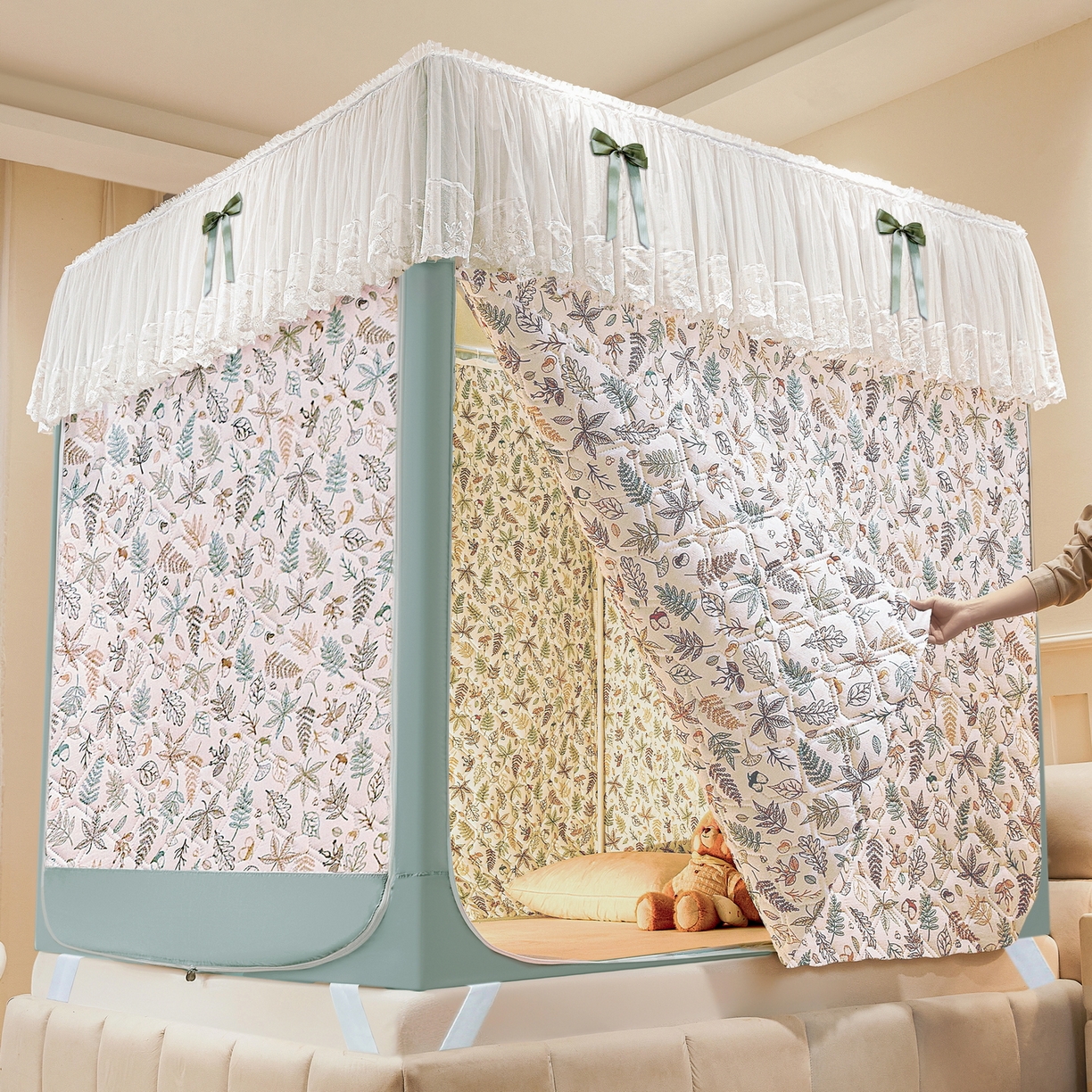 91家纺网 家纺一手货源 找家纺 夏彩 2025新款五面保暖亲肤面料坐床拉链四季款蚊帐-88632 羽飞舞