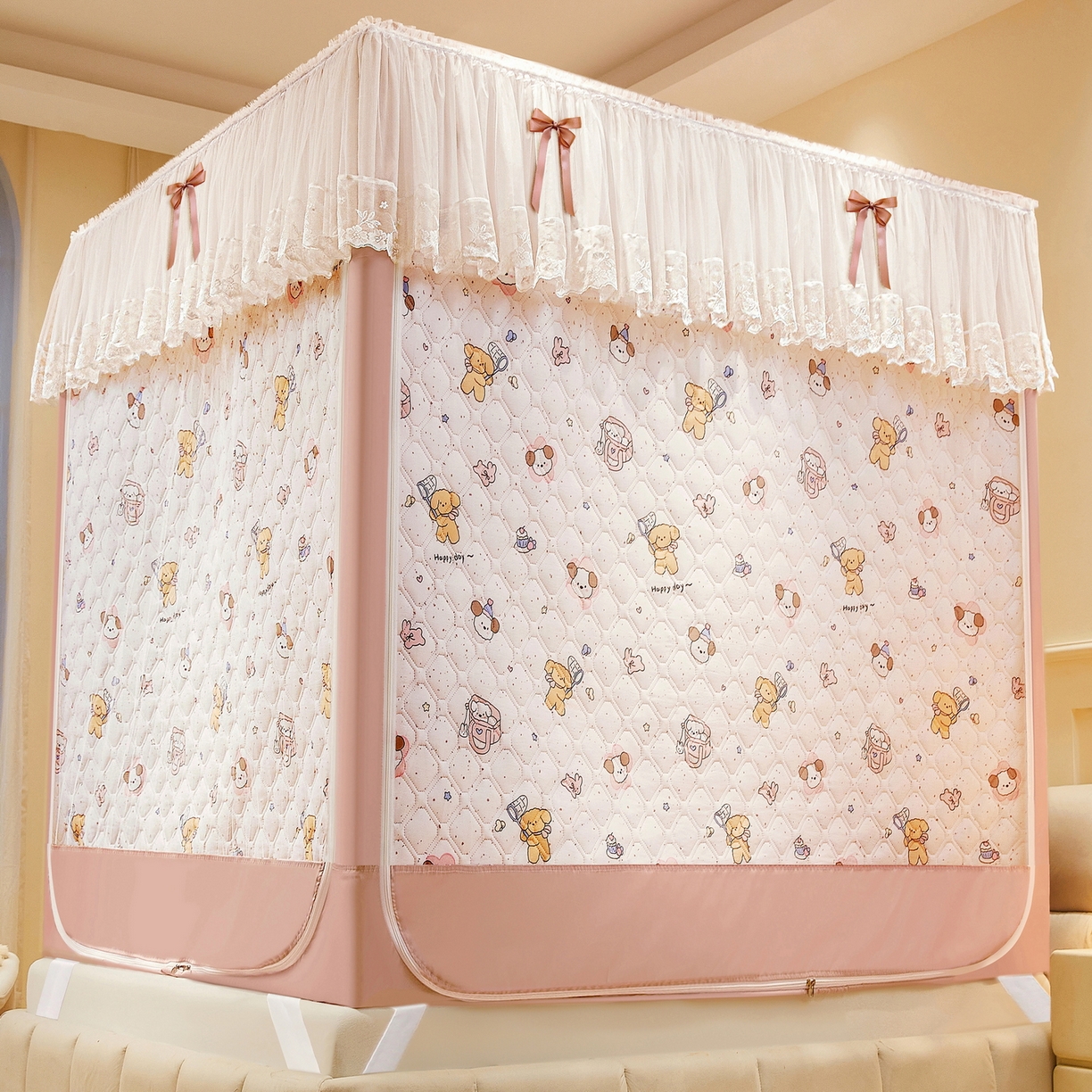 91家纺网 家纺一手货源 找家纺 （总）夏彩 2025新款浪漫唯美T+U床笠式坐床外穿防摔蚊帐-88610