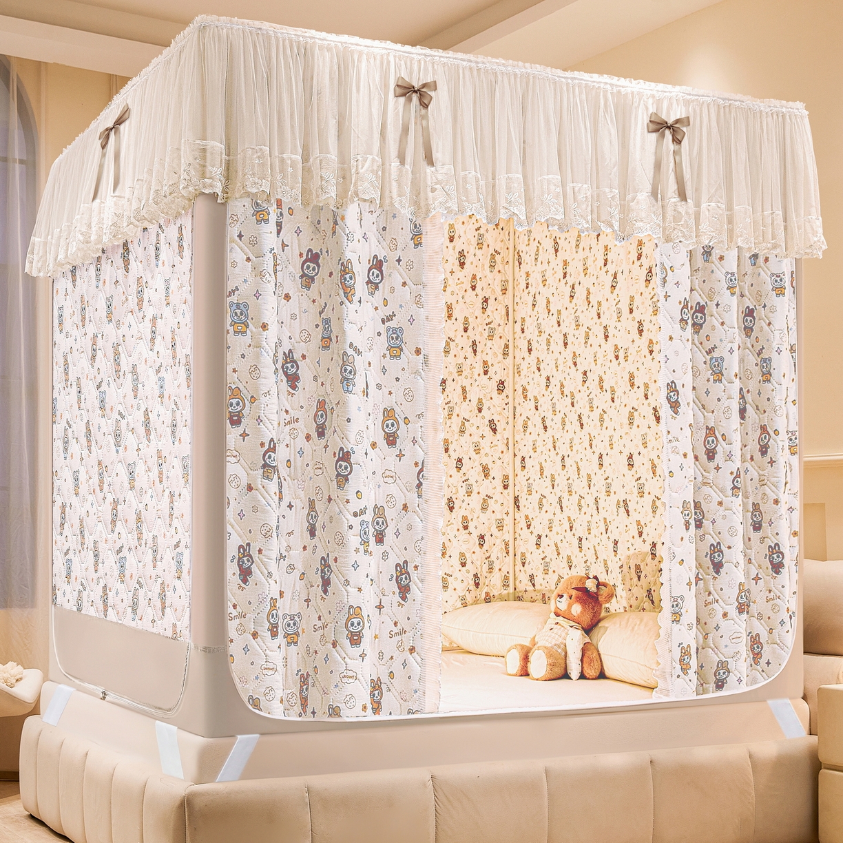 91家纺网 家纺一手货源 找家纺 夏彩 2025新款五面保暖亲肤面料坐床拉链四季款蚊帐-88632 拉贝贝