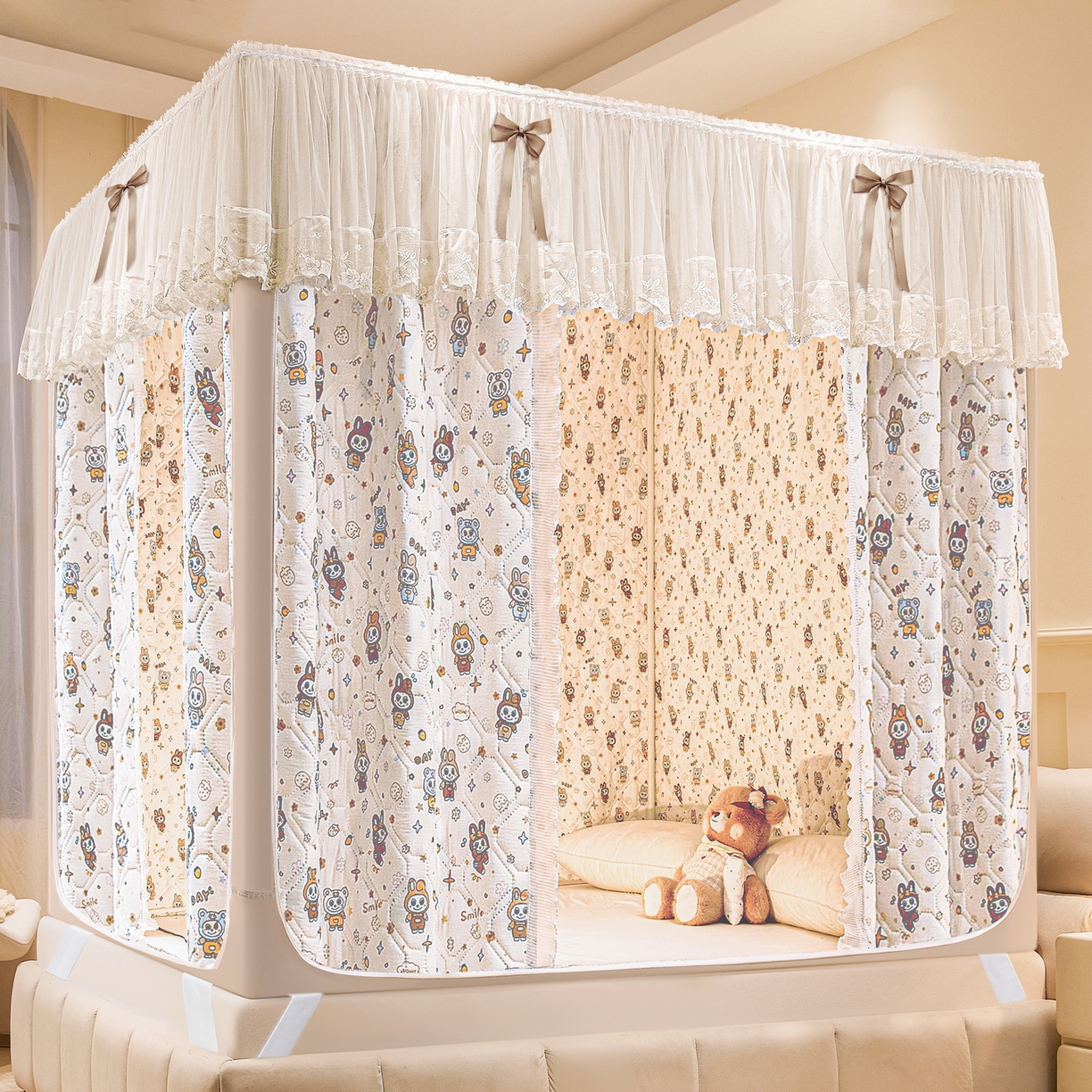 91家纺网 家纺一手货源 找家纺 夏彩 2025新款五面保暖亲肤面料坐床拉链四季款蚊帐-88632 拉贝贝