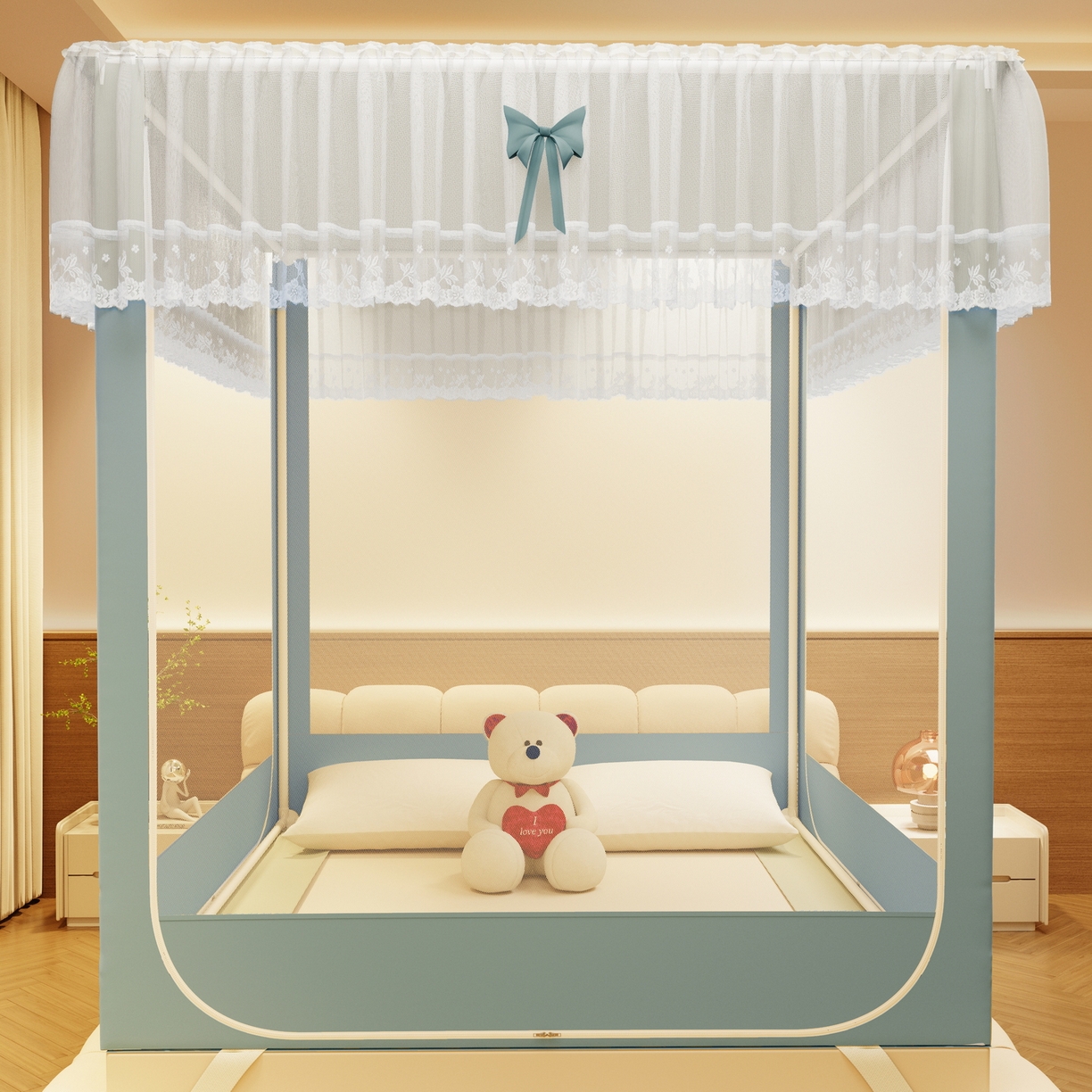 91家纺网 家纺一手货源 找家纺 （总）夏彩 2025新款蕾丝U型防摔坐床蚊帐-88630