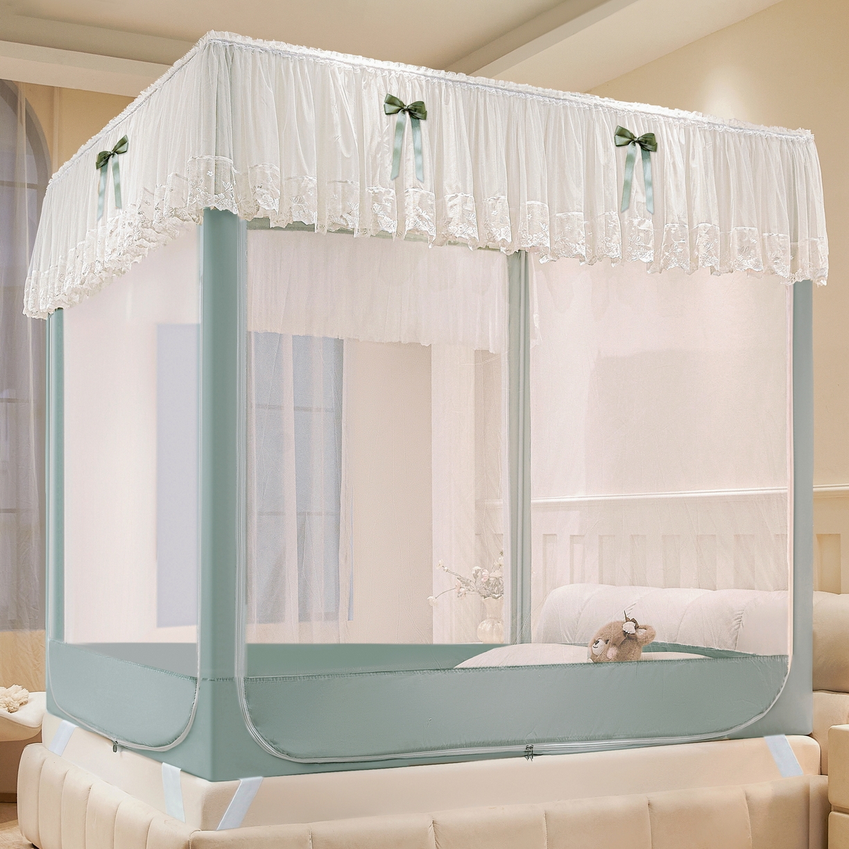 91家纺网 家纺一手货源 找家纺 （总）夏彩 2025新款浪漫唯美T+U床笠式坐床外穿防摔蚊帐-88610