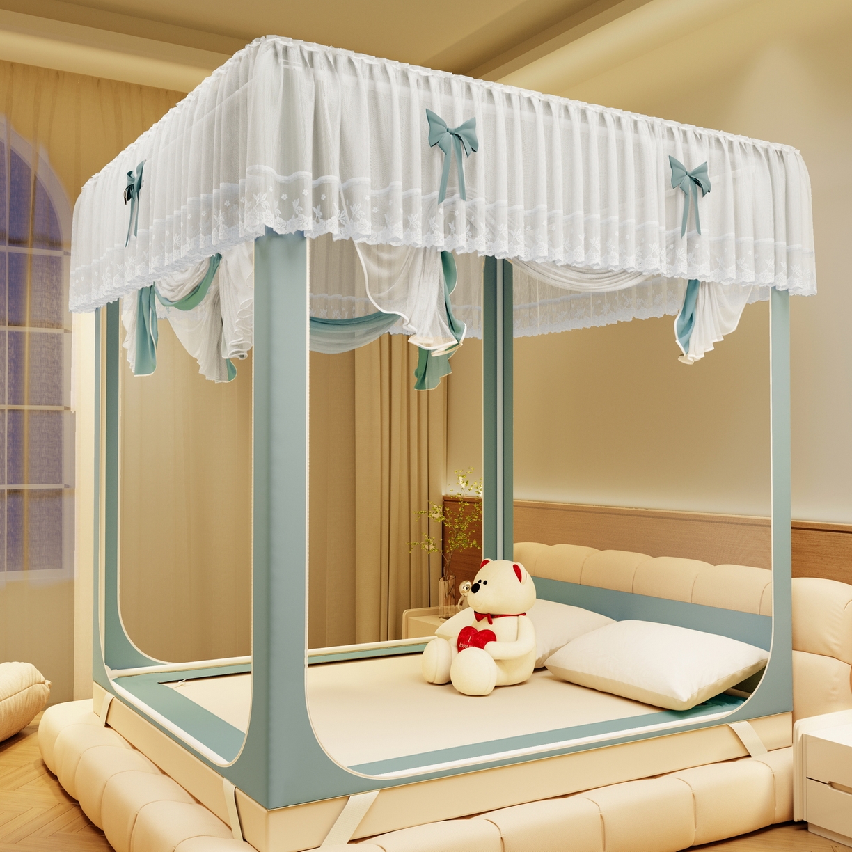 91家纺网 家纺一手货源 找家纺 （总）夏彩 2025新款蕾丝U型防摔坐床蚊帐-88630