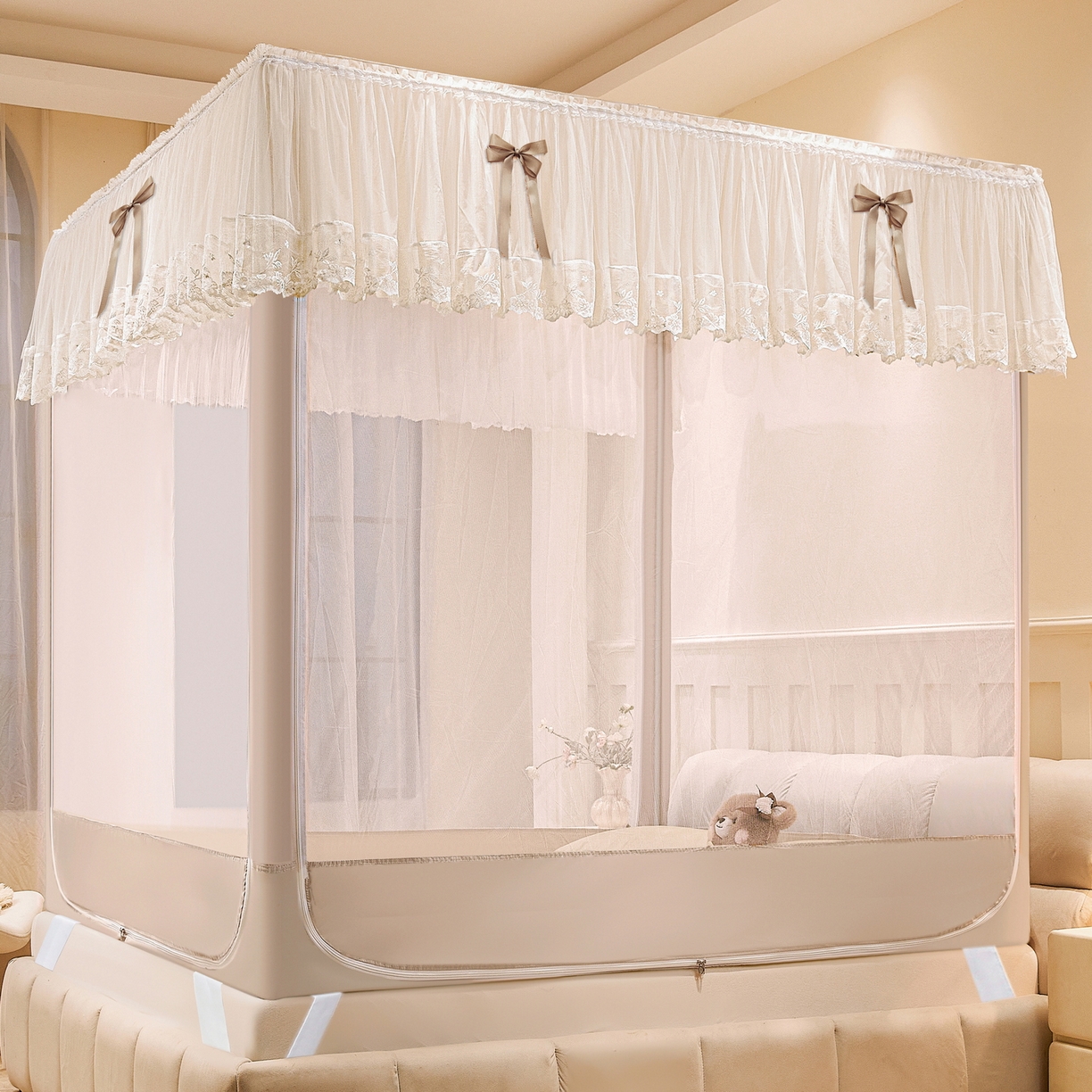 91家纺网 家纺一手货源 找家纺 （总）夏彩 2025新款蕾丝U型防摔坐床蚊帐-88630