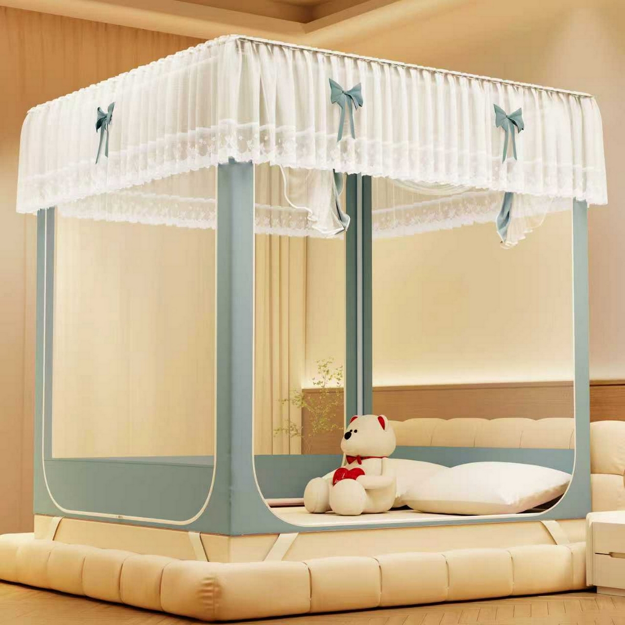 91家纺网 家纺一手货源 找家纺 夏彩 2025新款蕾丝U型防摔坐床蚊帐-88630 绿雅灰