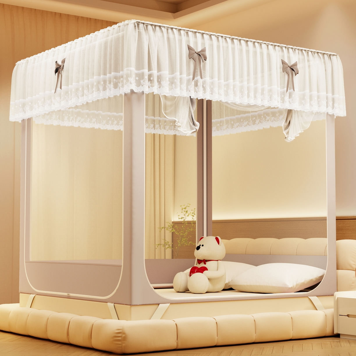 91家纺网 家纺一手货源 找家纺 夏彩 2025新款蕾丝U型防摔坐床蚊帐-88630 香槟色