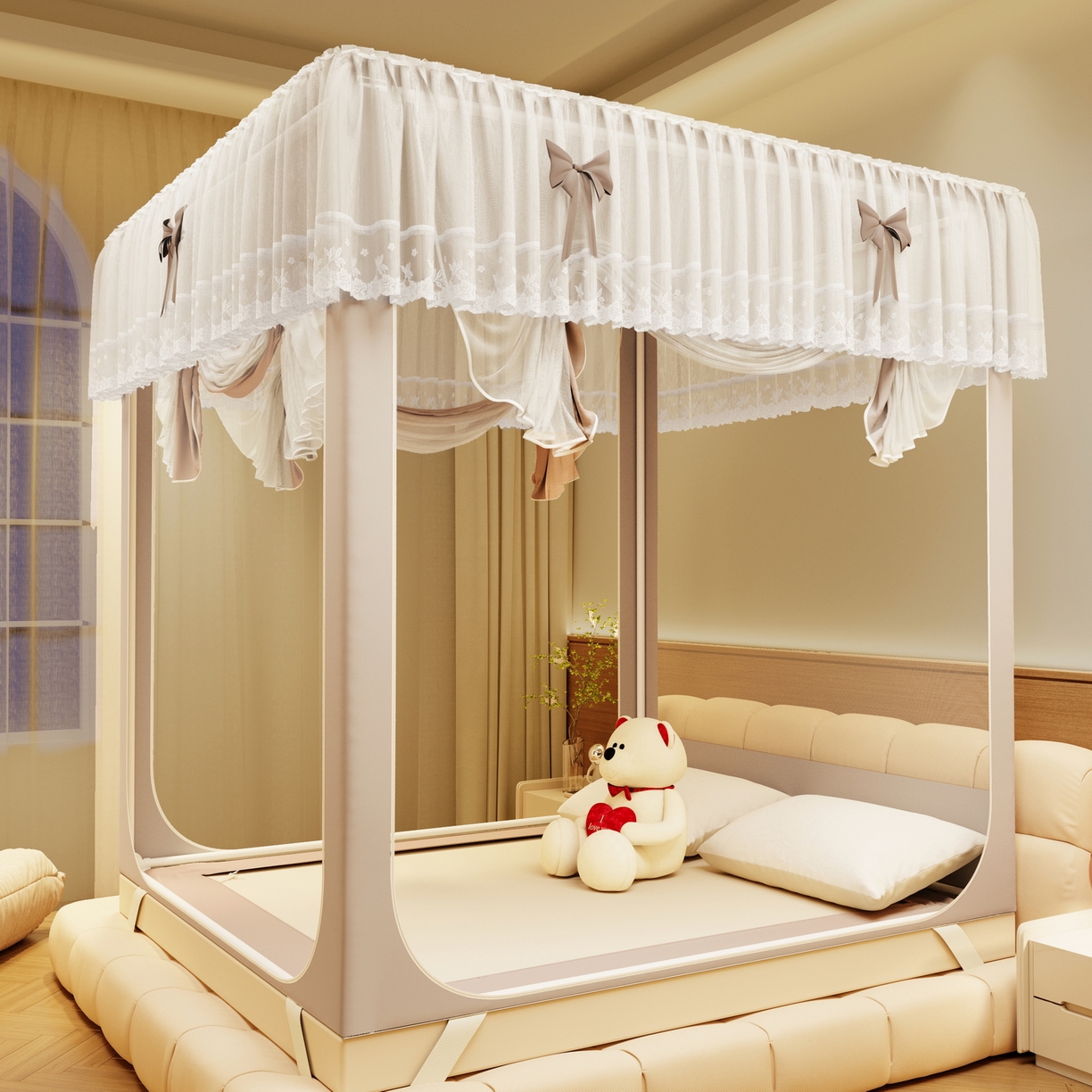 91家纺网 家纺一手货源 找家纺 夏彩 2025新款蕾丝U型防摔坐床蚊帐-88630 香槟色