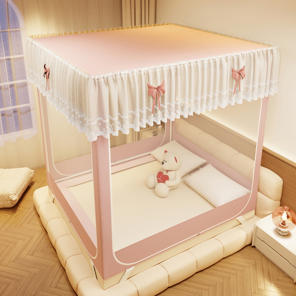 91家纺网 家纺一手货源 找家纺 夏彩 2025新款蕾丝U型防摔坐床蚊帐-88630 藕玉色