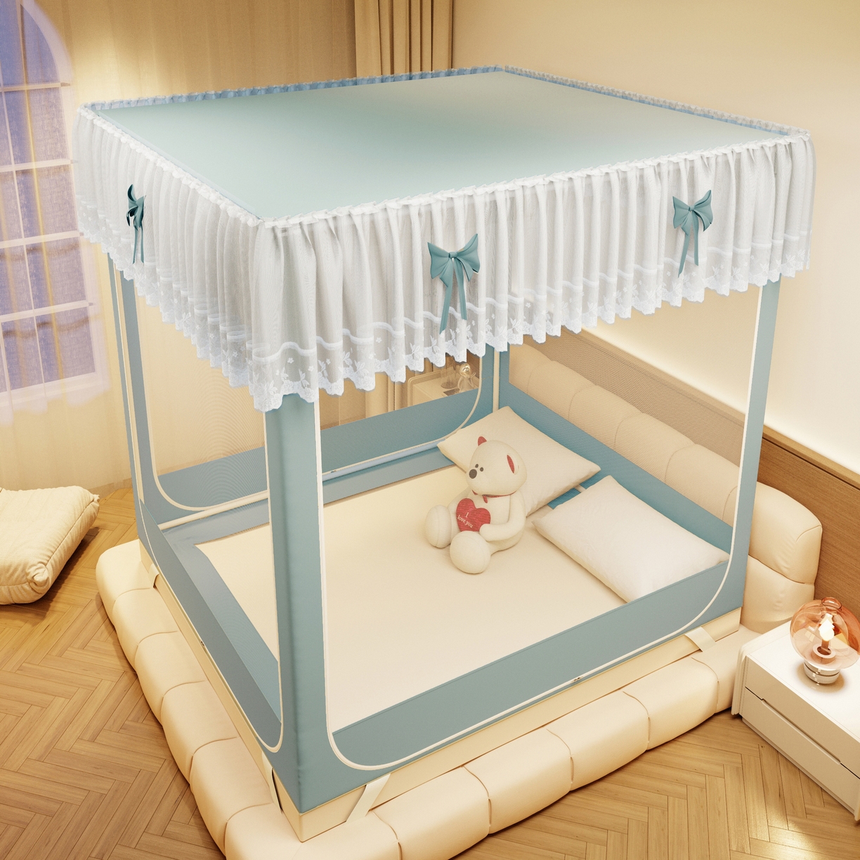 91家纺网 家纺一手货源 找家纺 夏彩 2025新款蕾丝U型防摔坐床蚊帐-88630 绿雅灰